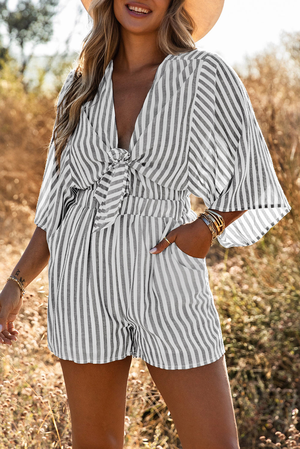 Gray 3/4 Wide Kimono Sleeves Striped Romper with Pockets