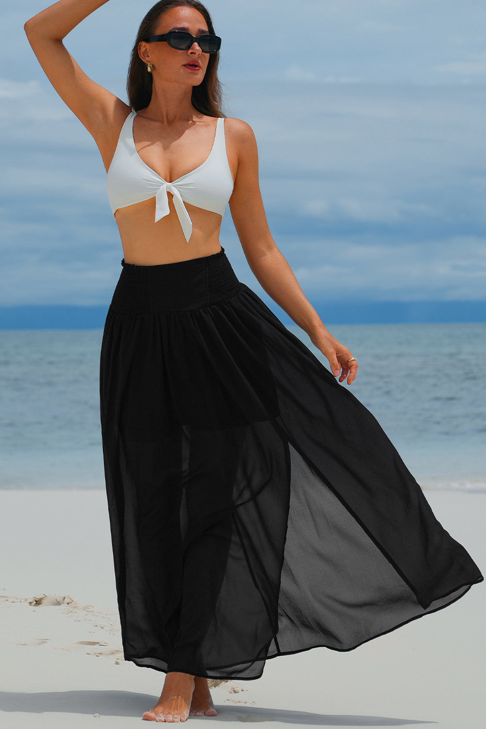 Black Shirred High Waist Chiffon Skirt