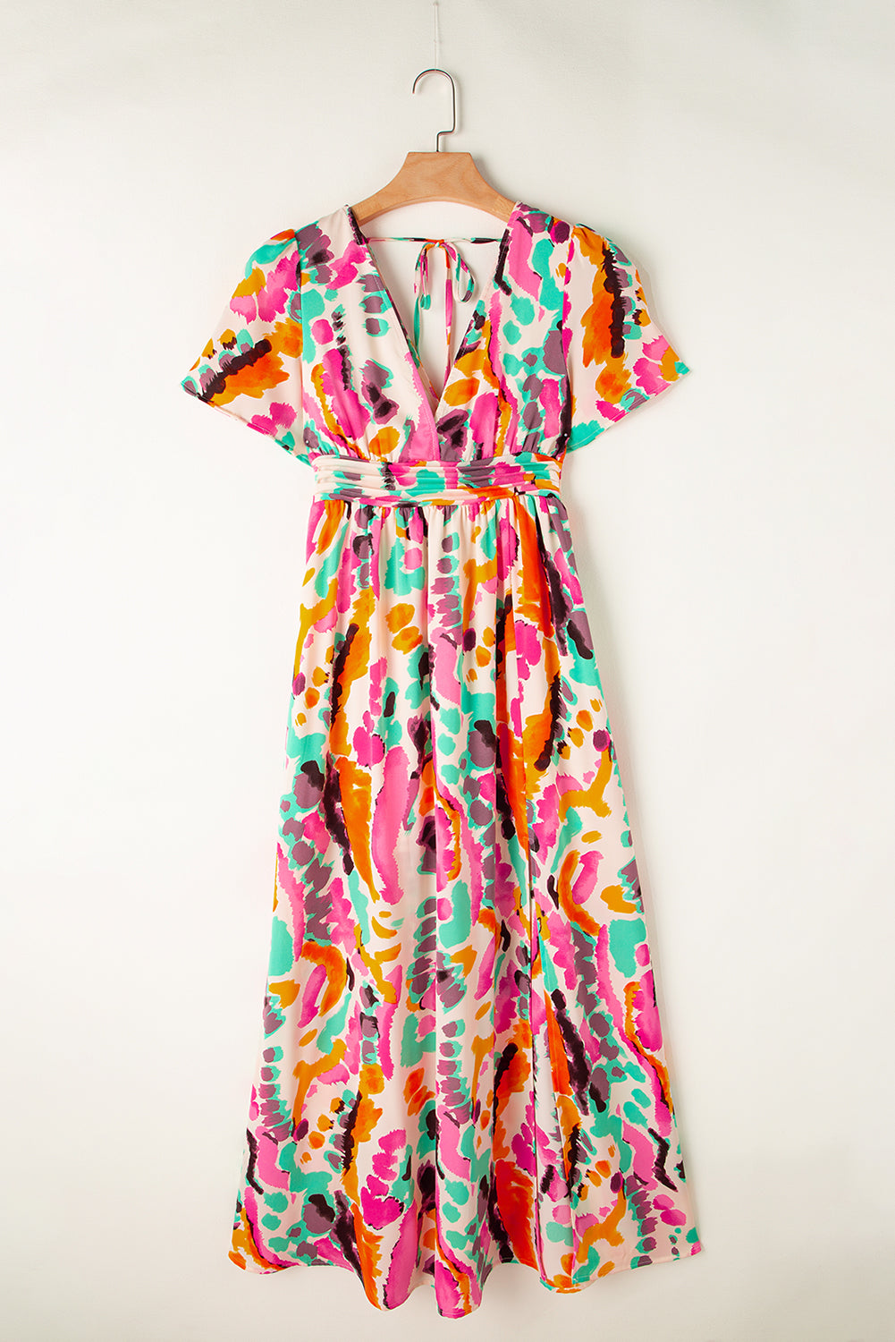 Pink Boho Tie-dye Print V Neck Maxi Dress