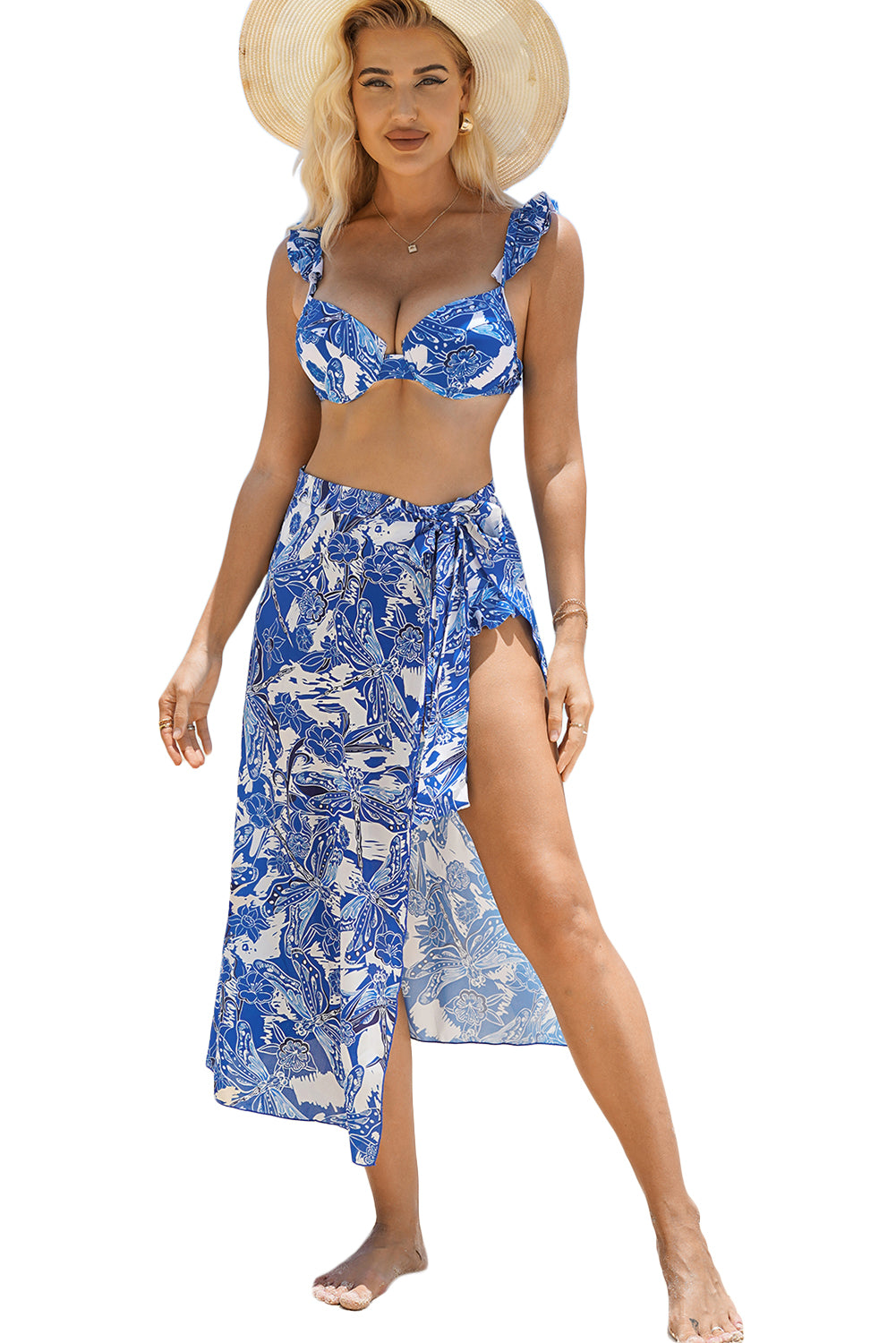 3pcs Flower Print Ruffled Bikini with Cover up