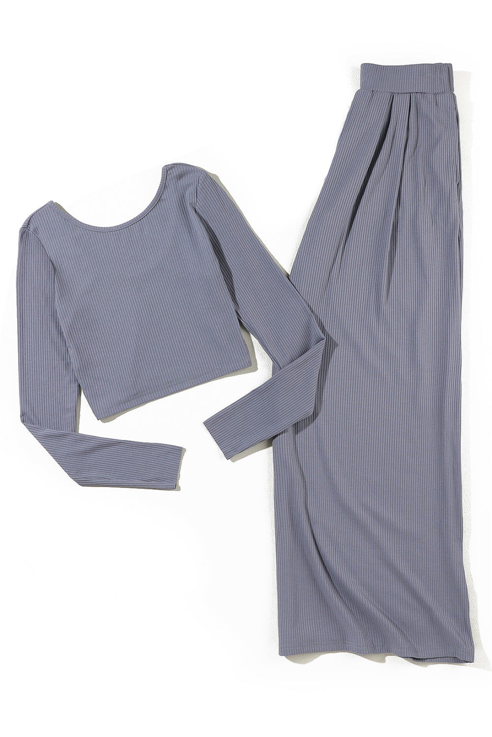 Conjunto de pantalones largos con top corto acanalado de color liso gris