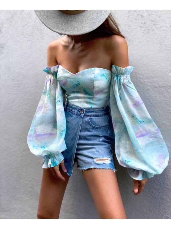 Off-shoulder Wrapped Chest Printed Lantern Sleeve Chiffon Shirt Blouse