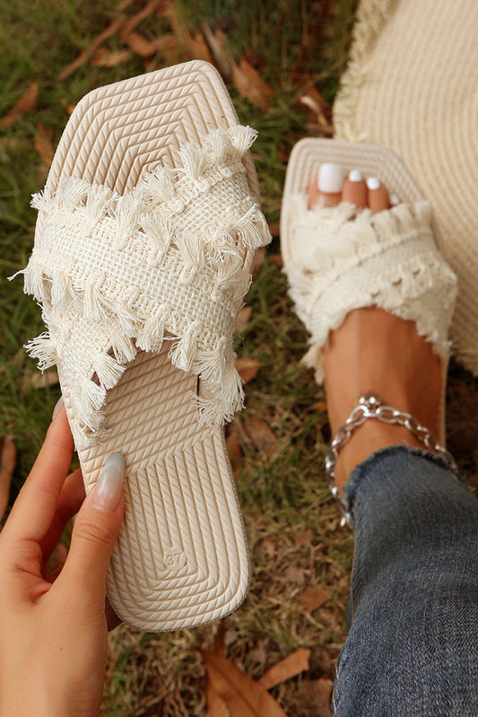 Beige Tassel Woven Crossed Straps Flat Slippers