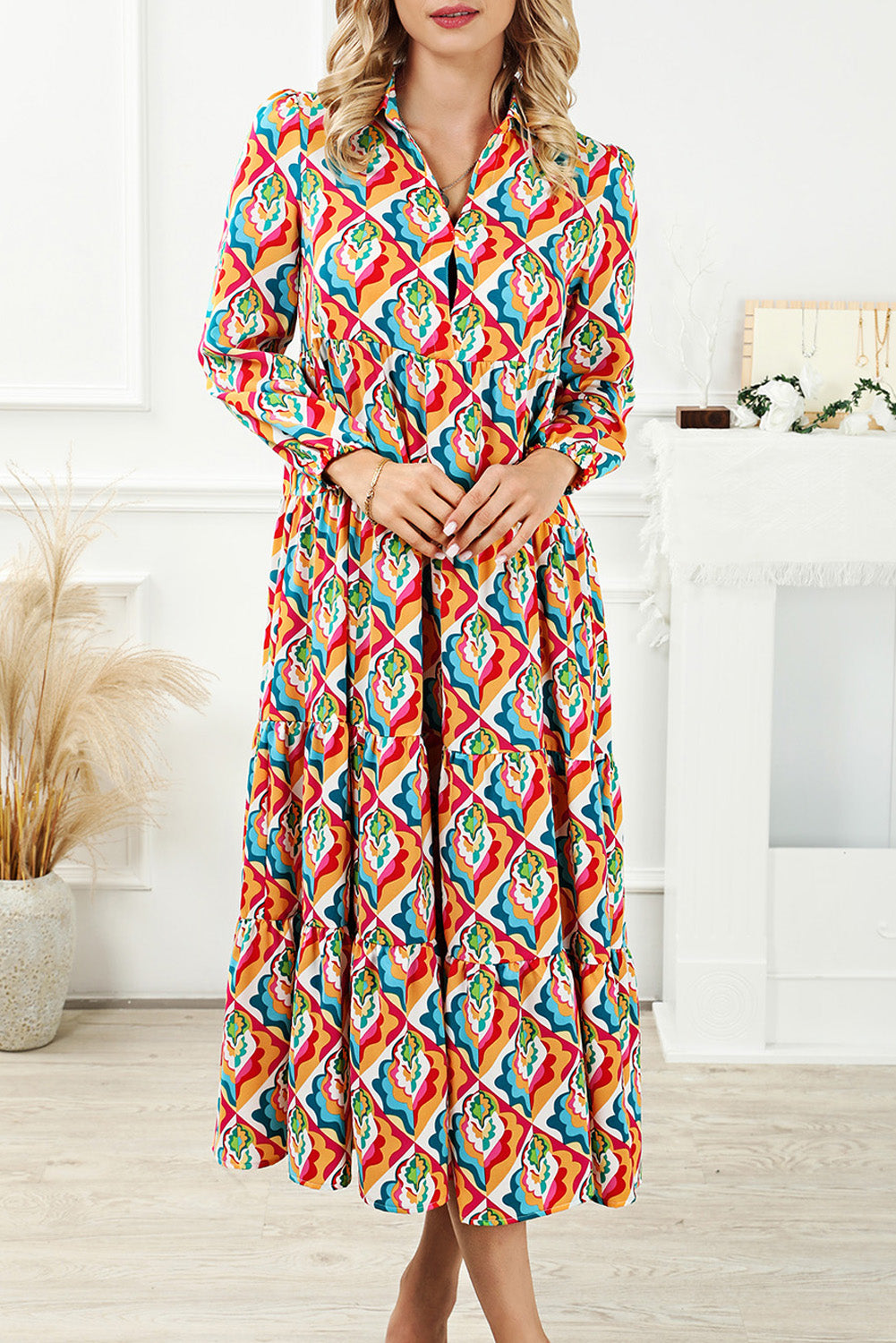 Multicolor Abstract Geometric Print Long Sleeve High Waist Dress