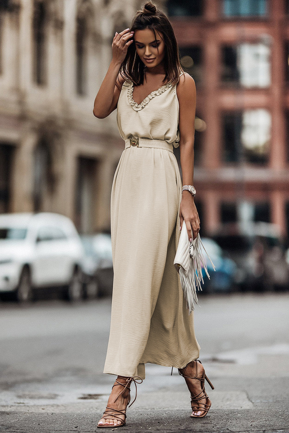 Apricot V Neck Sleeveless Dress