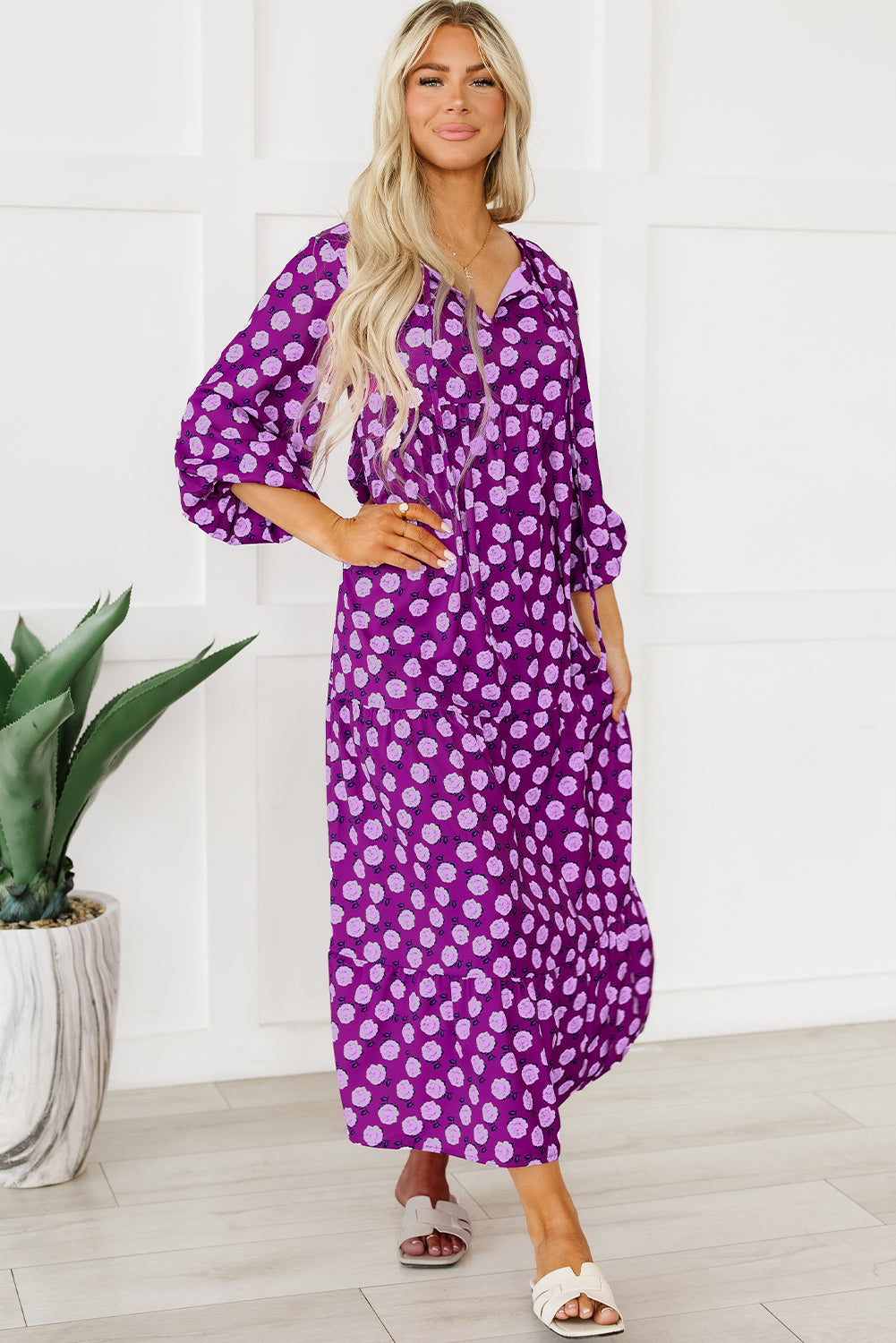 Purple Boho Printed Puff Sleeve Maxi Dress