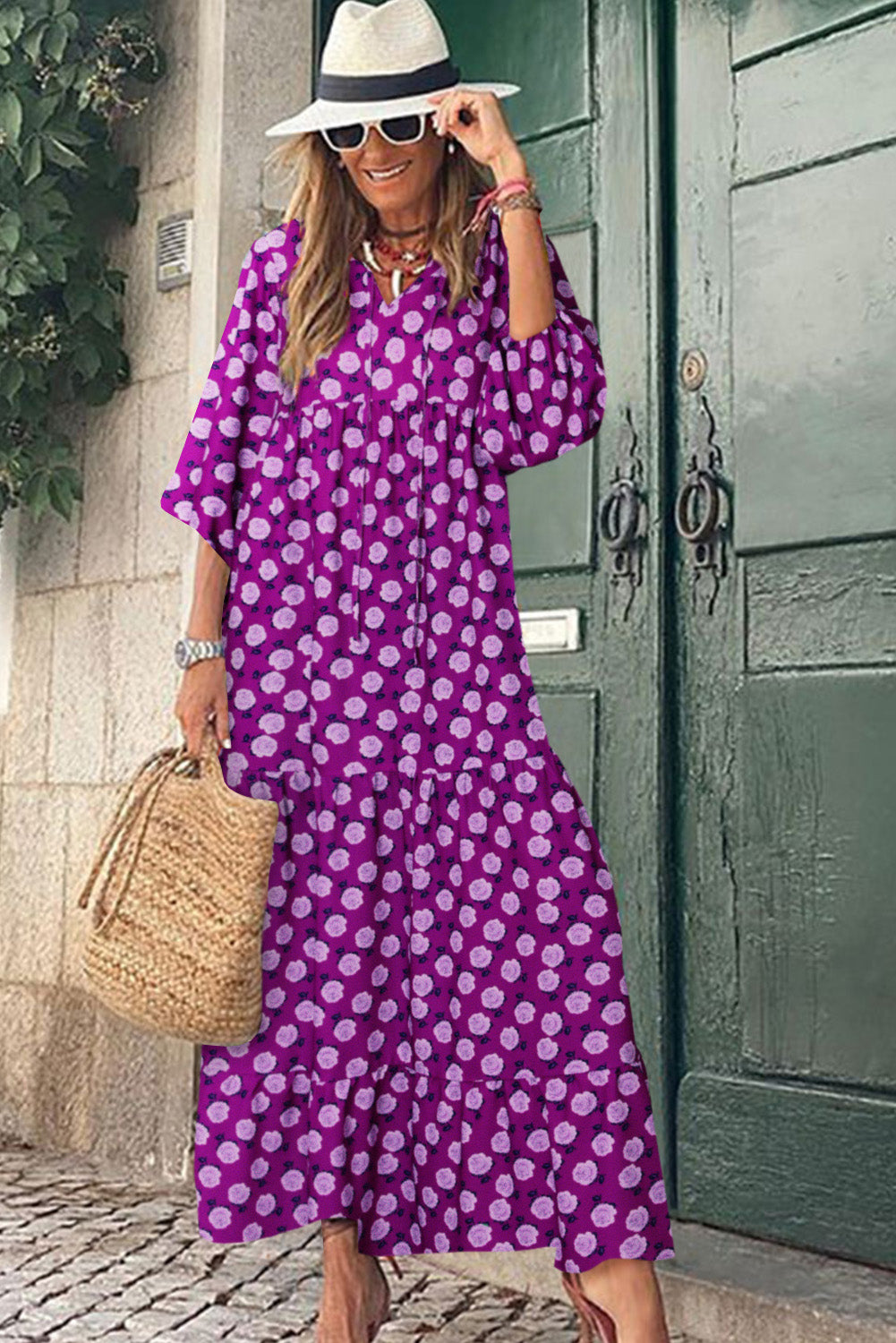 Vestido largo con mangas abullonadas y estampado bohemio morado