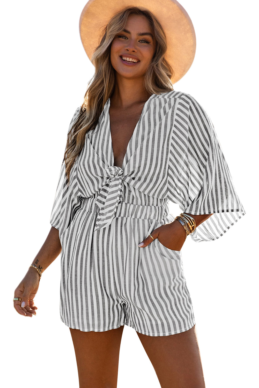 Gray 3/4 Wide Kimono Sleeves Striped Romper with Pockets