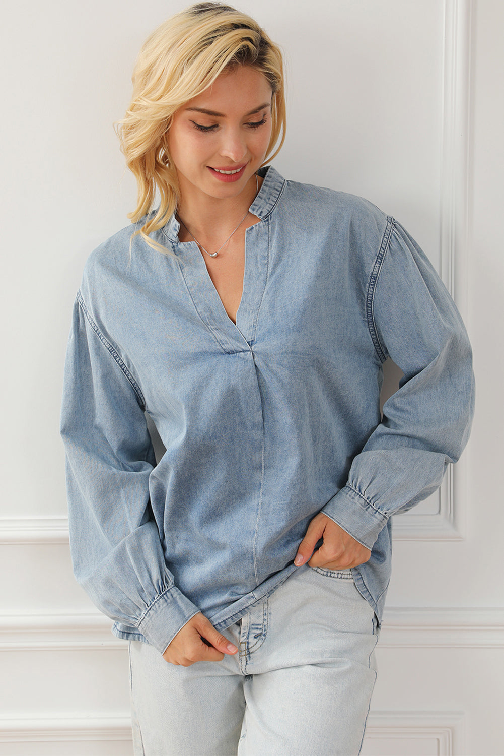 Sky Blue Split V-Neck Balloon Sleeve Ruched Denim Top