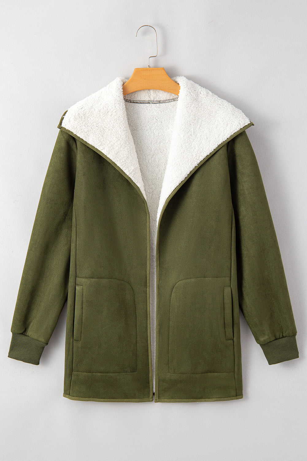 Green Faux Suede Fleece Lined Open Front Jacket