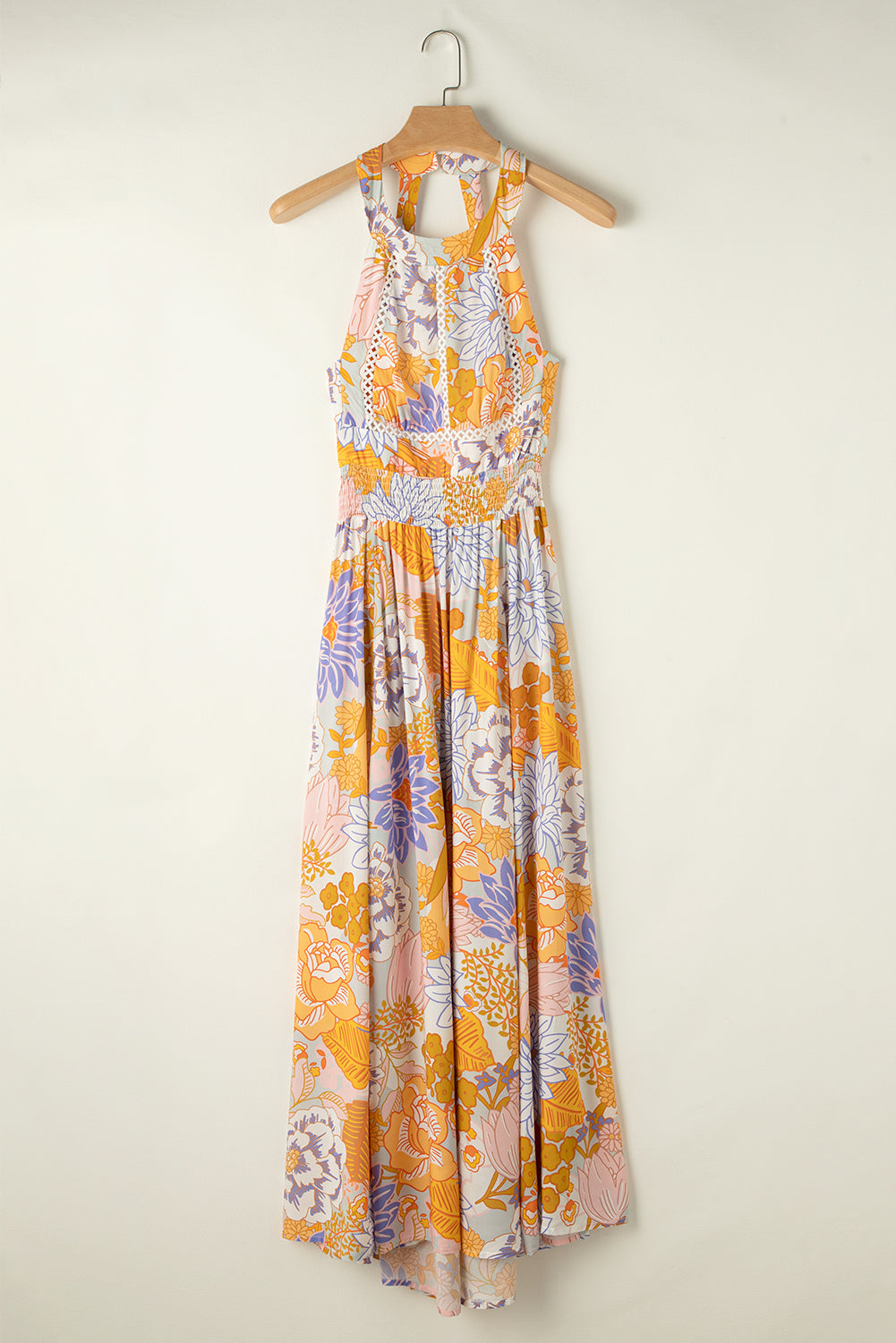 Vestido largo boho floral sin espalda con cordones sin mangas naranja