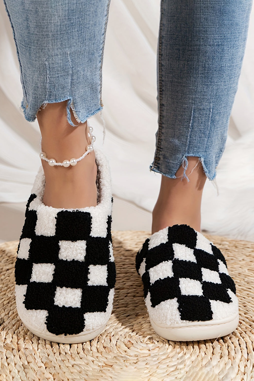 Black Checkered Print Fuzzy Slip On Slippers