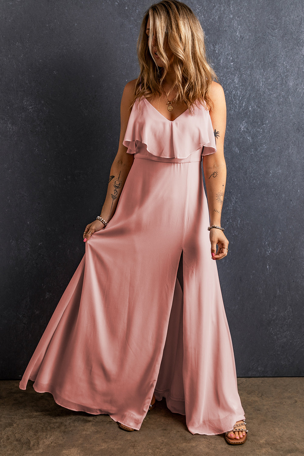 Light Pink Spaghetti Straps V Neck Ruffled Split Long Dress