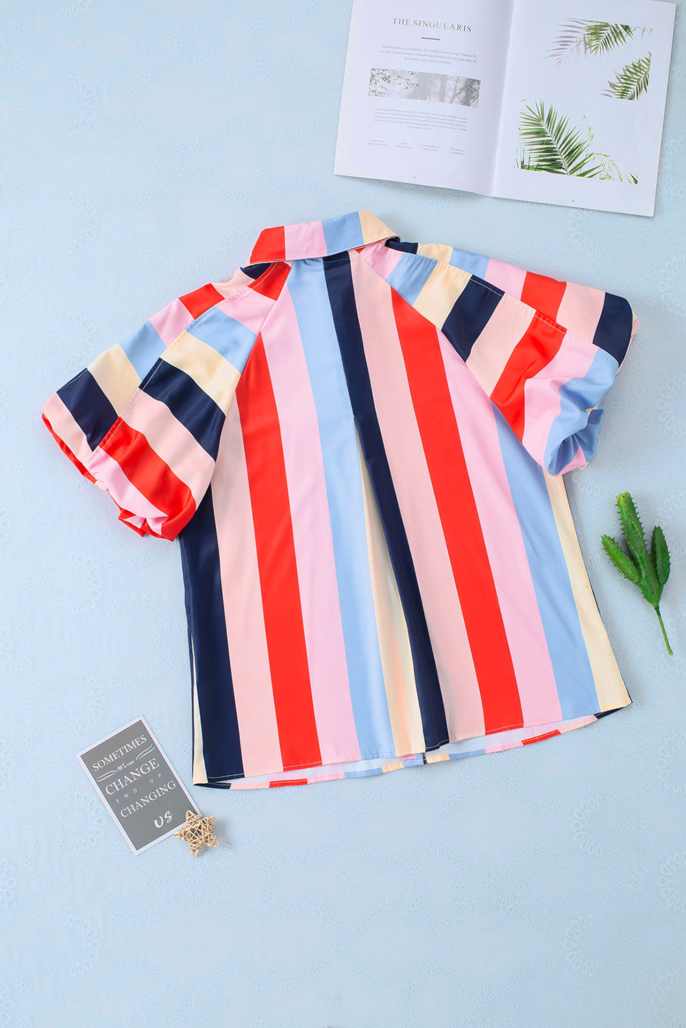 Multicolor Color Block Striped Puff Sleeve Buttoned Shirt