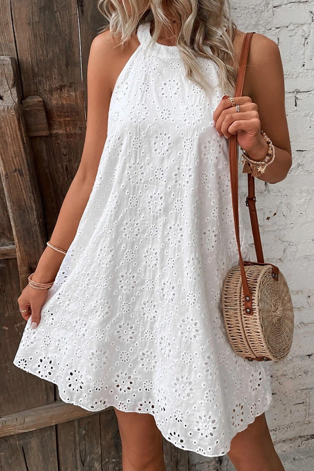 White Boho Halter Neck Sleeveless Dress