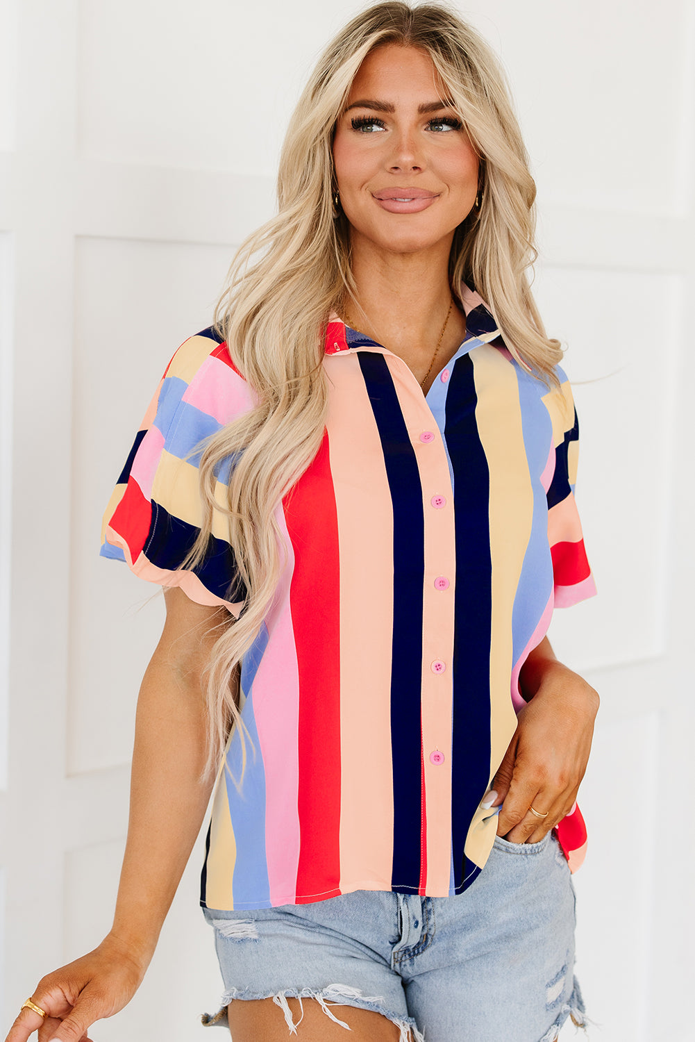 Multicolor Color Block Striped Puff Sleeve Buttoned Shirt