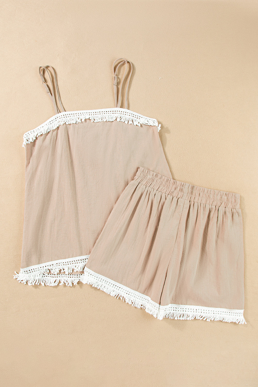 Pale Khaki Fringe Crochet Double Strap Tank Top and Shorts Set