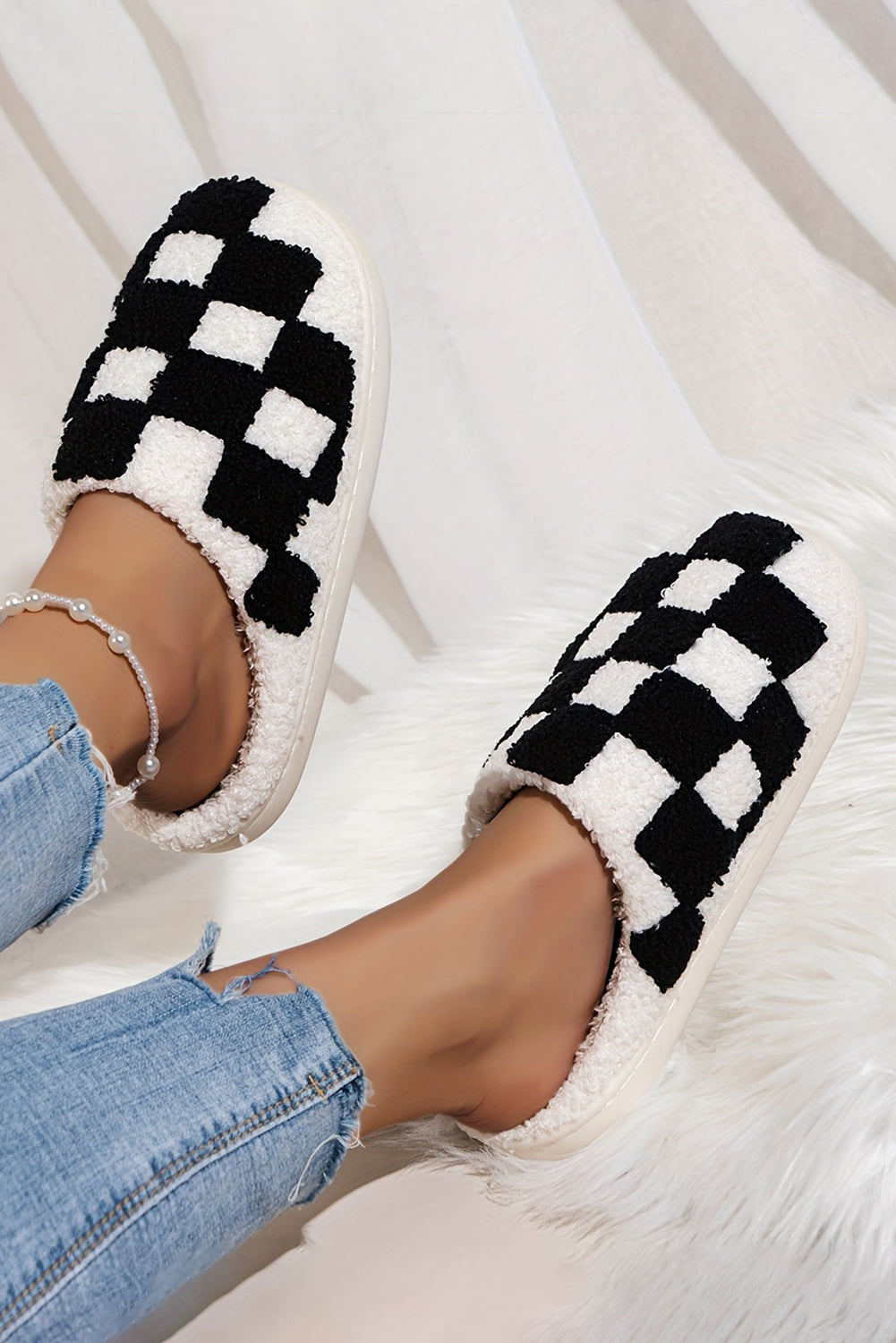 Black Checkered Print Fuzzy Slip On Slippers