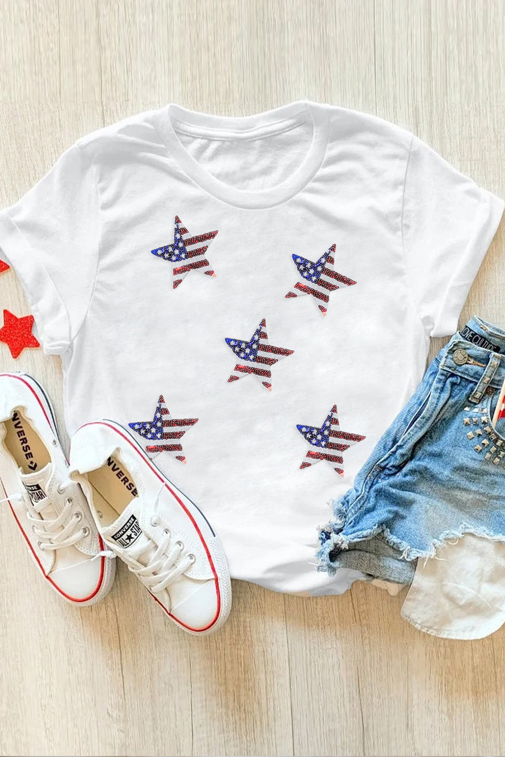 White Sequined American Flag Star Graphic T Shirt