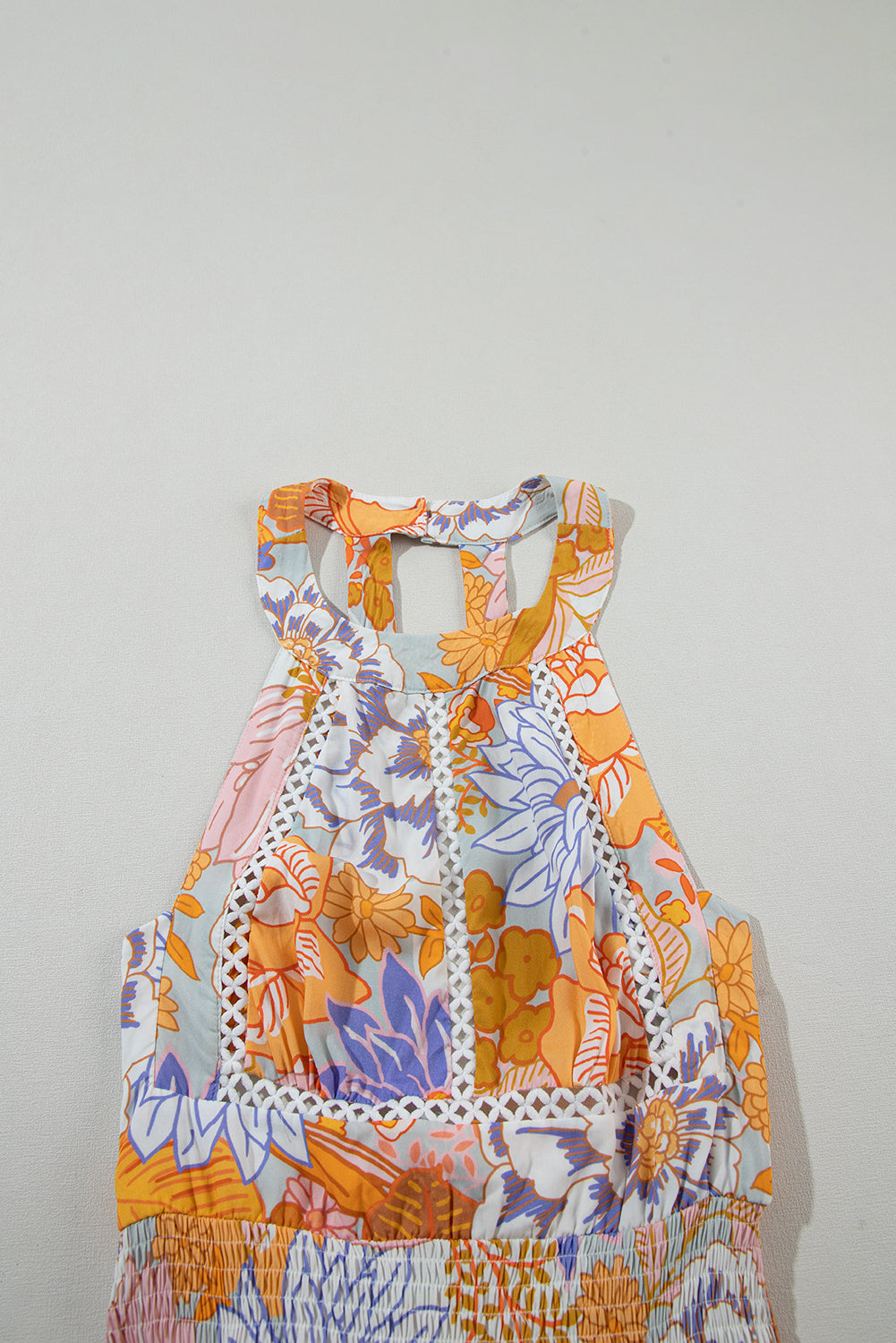 Vestido largo boho floral sin espalda con cordones sin mangas naranja