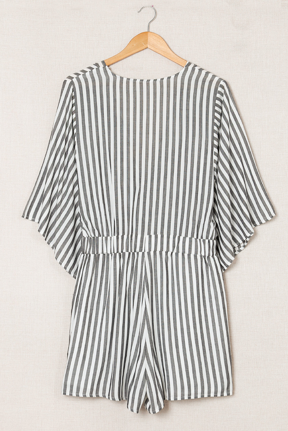 Gray 3/4 Wide Kimono Sleeves Striped Romper with Pockets