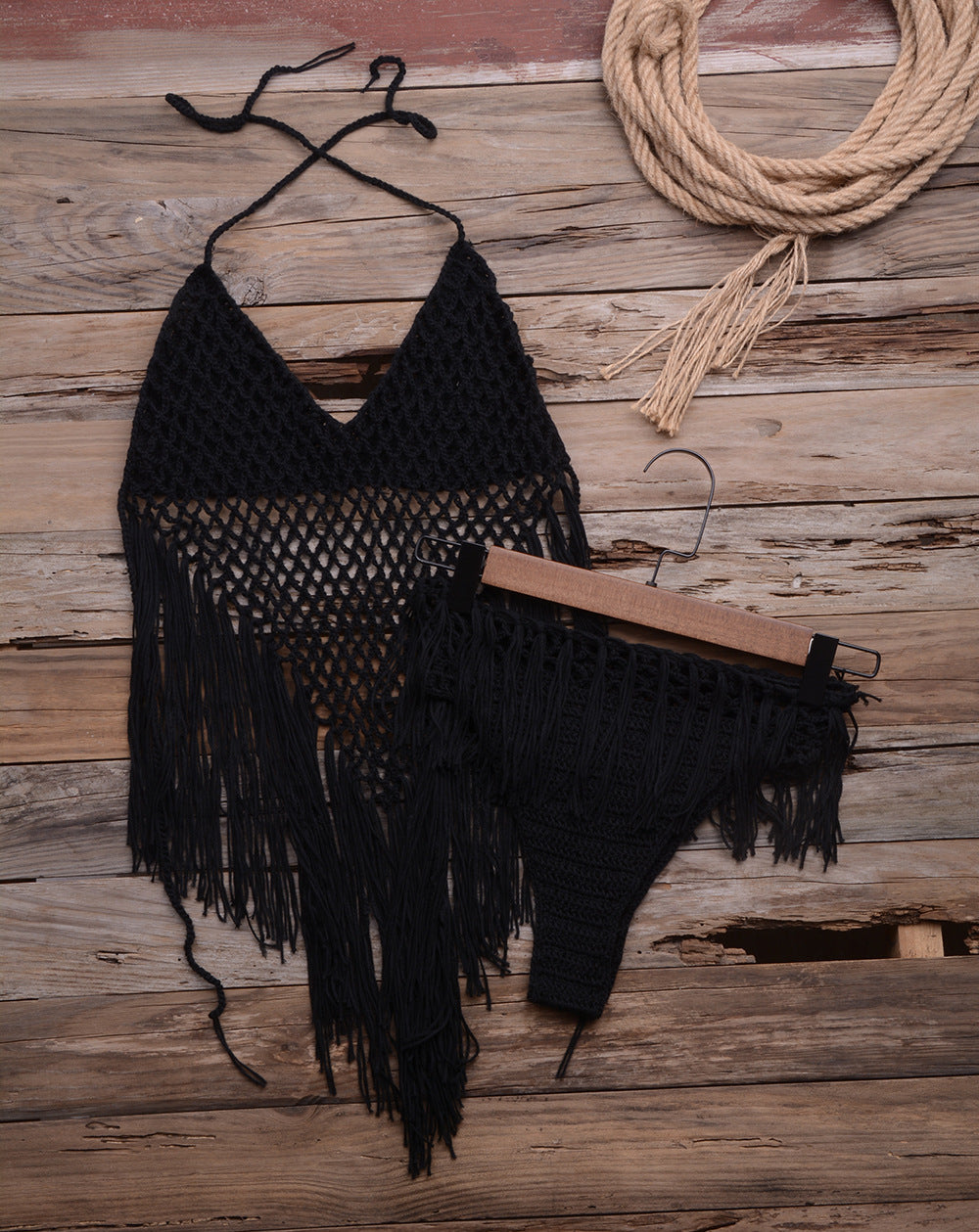 Hand-woven Beach Hollow Tassel Split Swimsuit