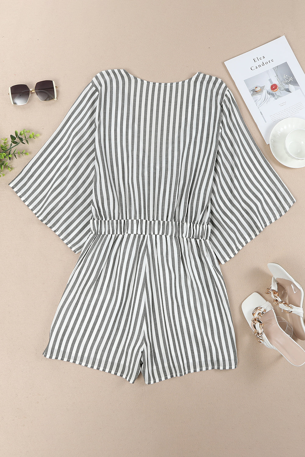 Gray 3/4 Wide Kimono Sleeves Striped Romper with Pockets