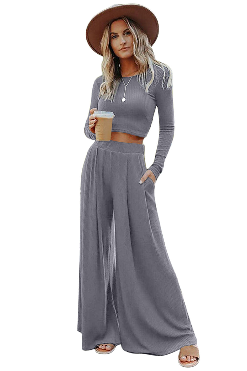 Conjunto de pantalones largos con top corto acanalado de color liso gris