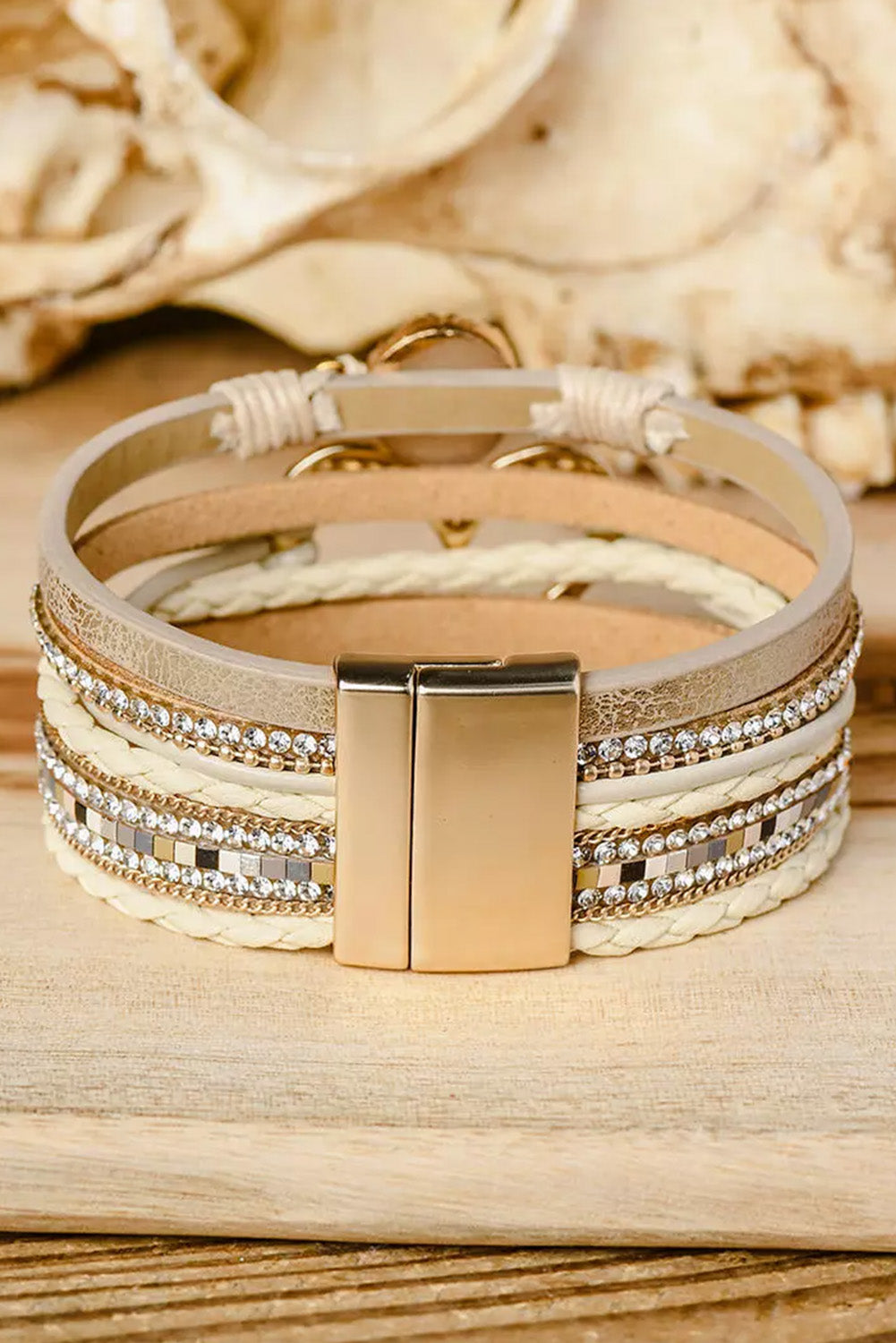 Pulsera con hebilla magnética y diamantes de imitación de corazón bohemio beige 