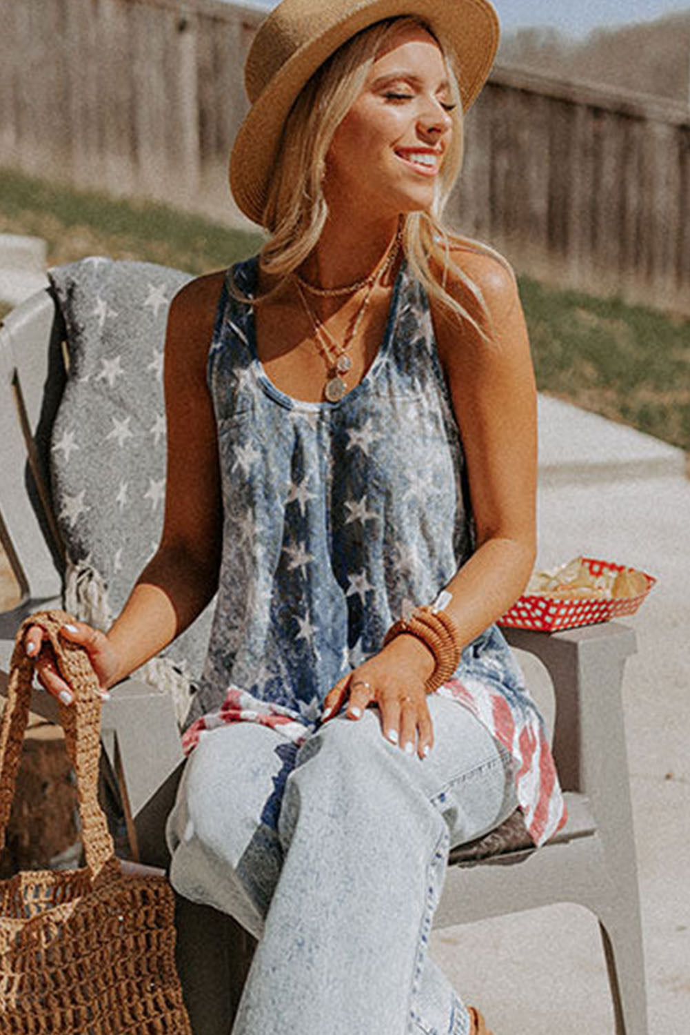 Blue Vintage Washed Flag Print Shift Tank Top