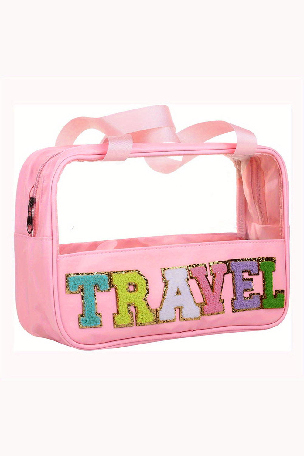 Bolsa de maquillaje de PVC transparente con letras de chenilla de viaje rosa claro