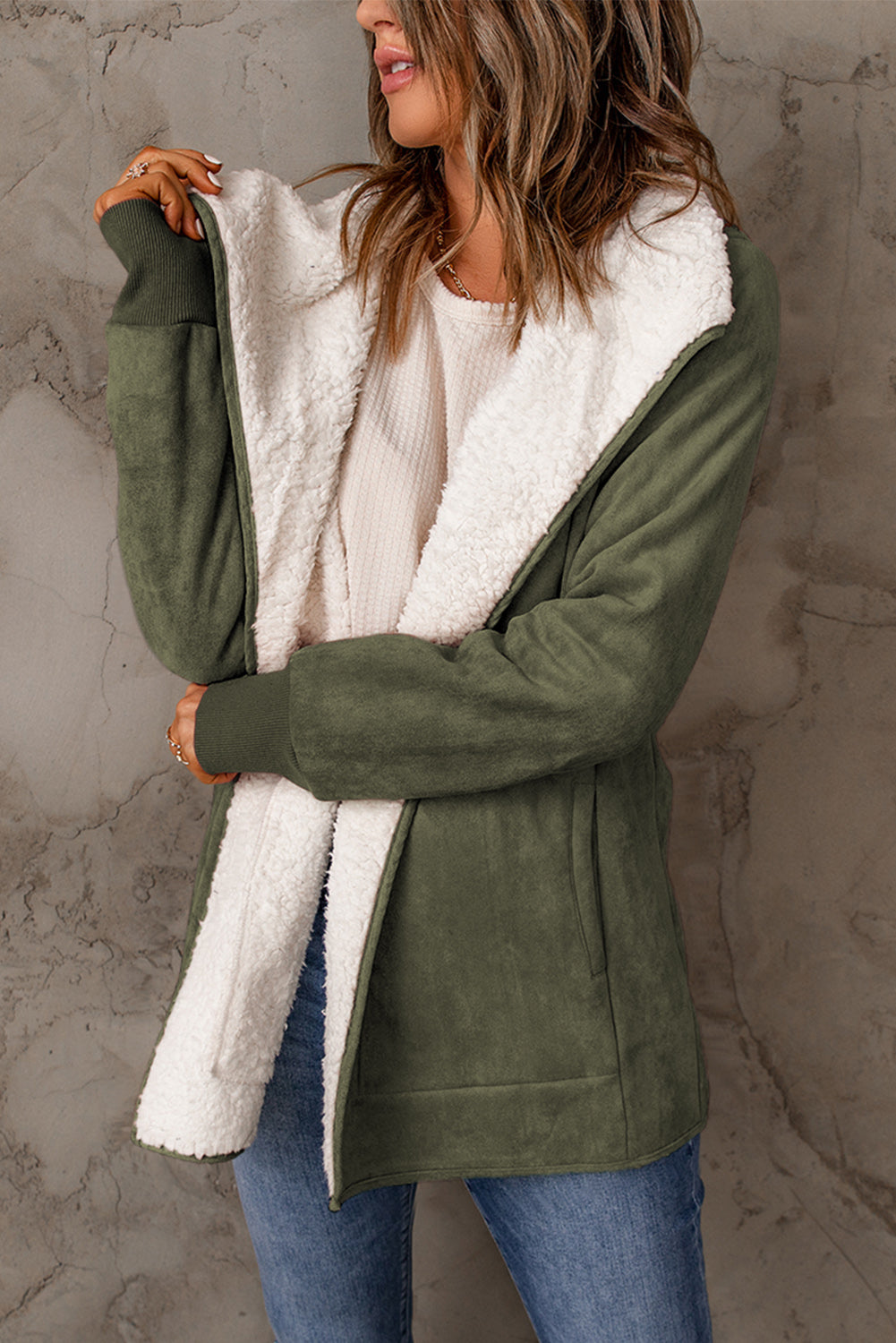 Green Faux Suede Fleece Lined Open Front Jacket