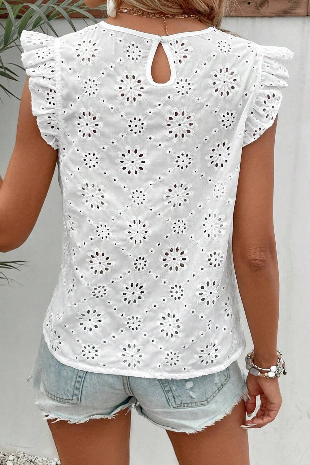 White Embroidered Ruffled Flutter Sleeve Blouse