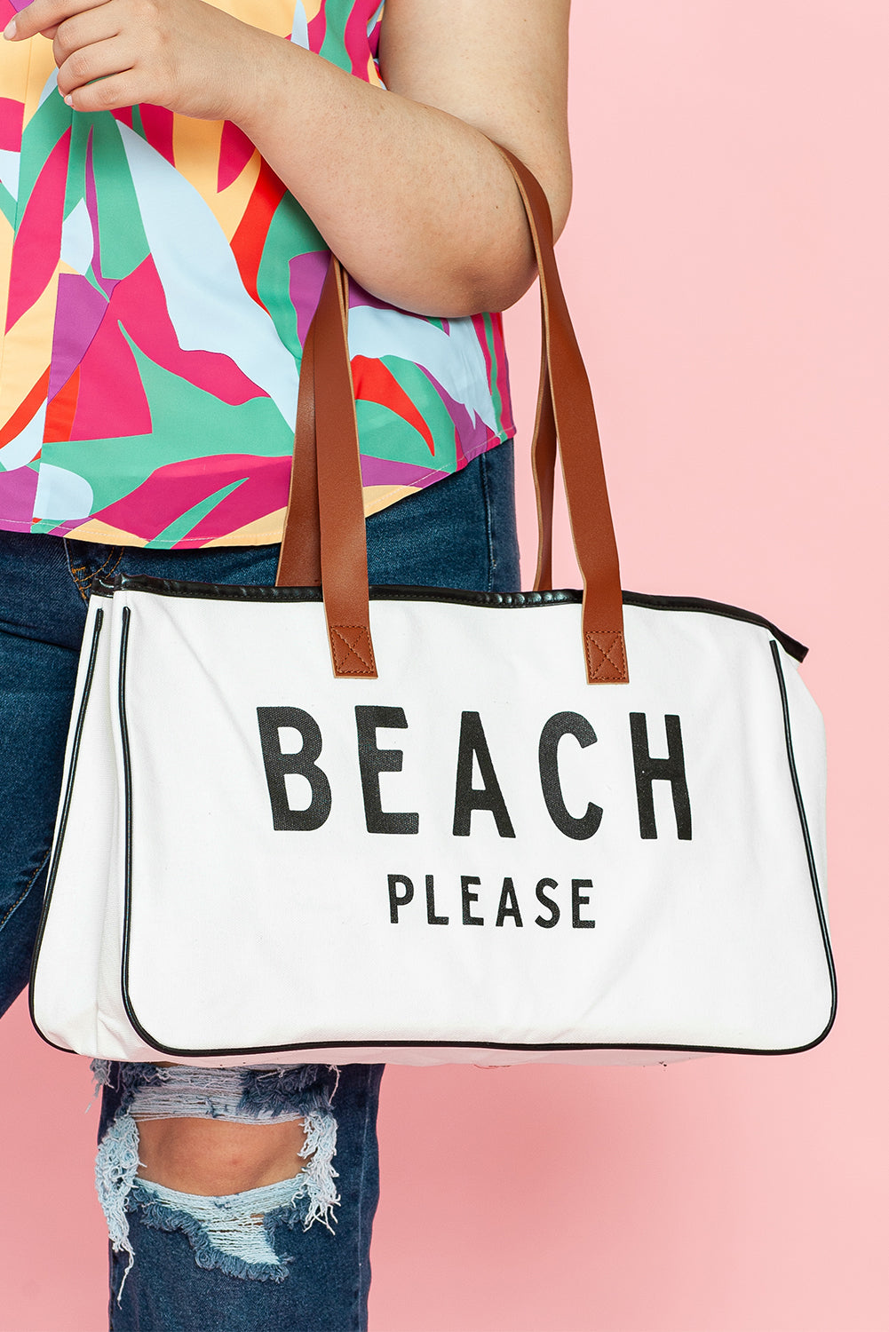 Bolsa tote de lona grande blanca con estampado PLAYA POR FAVOR