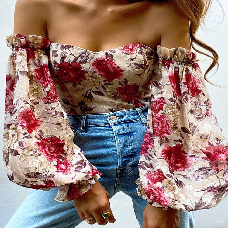 Off-shoulder Wrapped Chest Printed Lantern Sleeve Chiffon Shirt Blouse