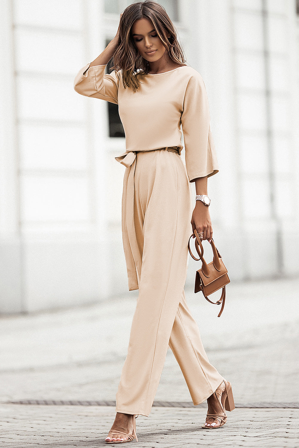 Apricot Bracelet Sleeve Wide Leg Jumpsuit