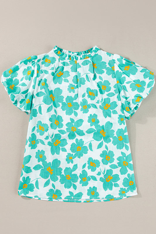 Blusa con escote con volantes y mangas abullonadas florales verdes