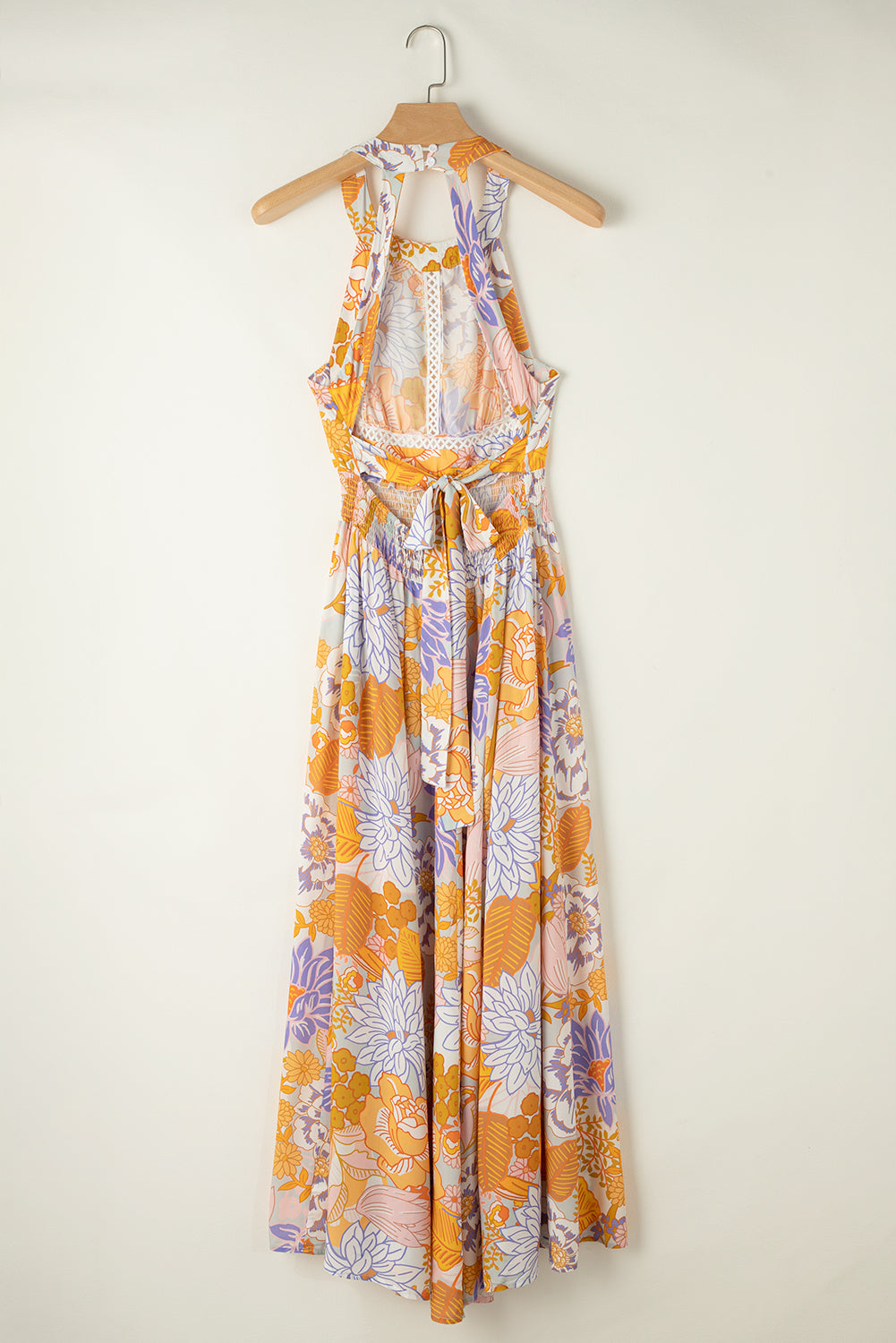 Vestido largo boho floral sin espalda con cordones sin mangas naranja